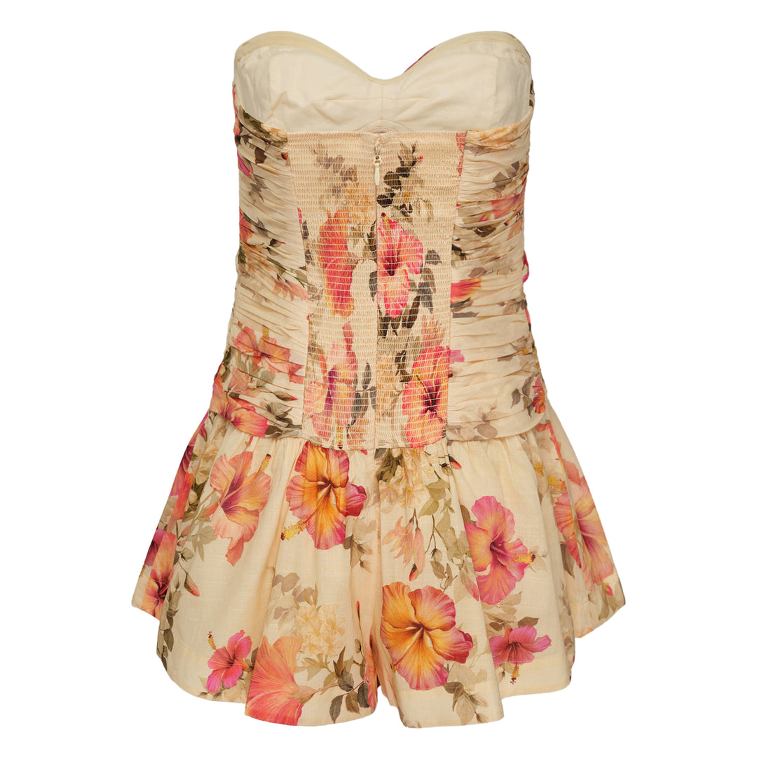 Zimmermann Mahon strapless floral playsuit with knotted bow detail and hibiscus print in coral, pink and cream