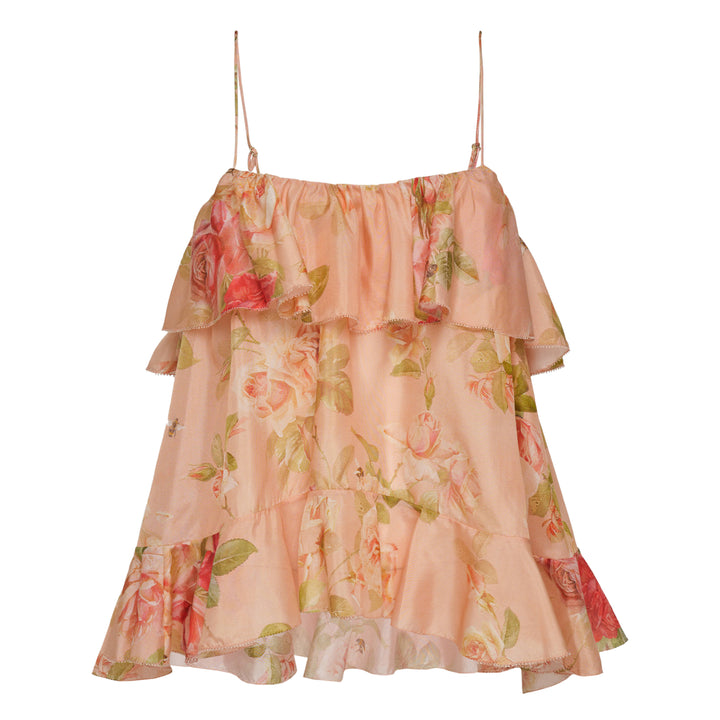 Zimmermann Roselight Frill Cami Top in peach rose floral print with tiered ruffle layers and adjustable spaghetti straps, front view on white background