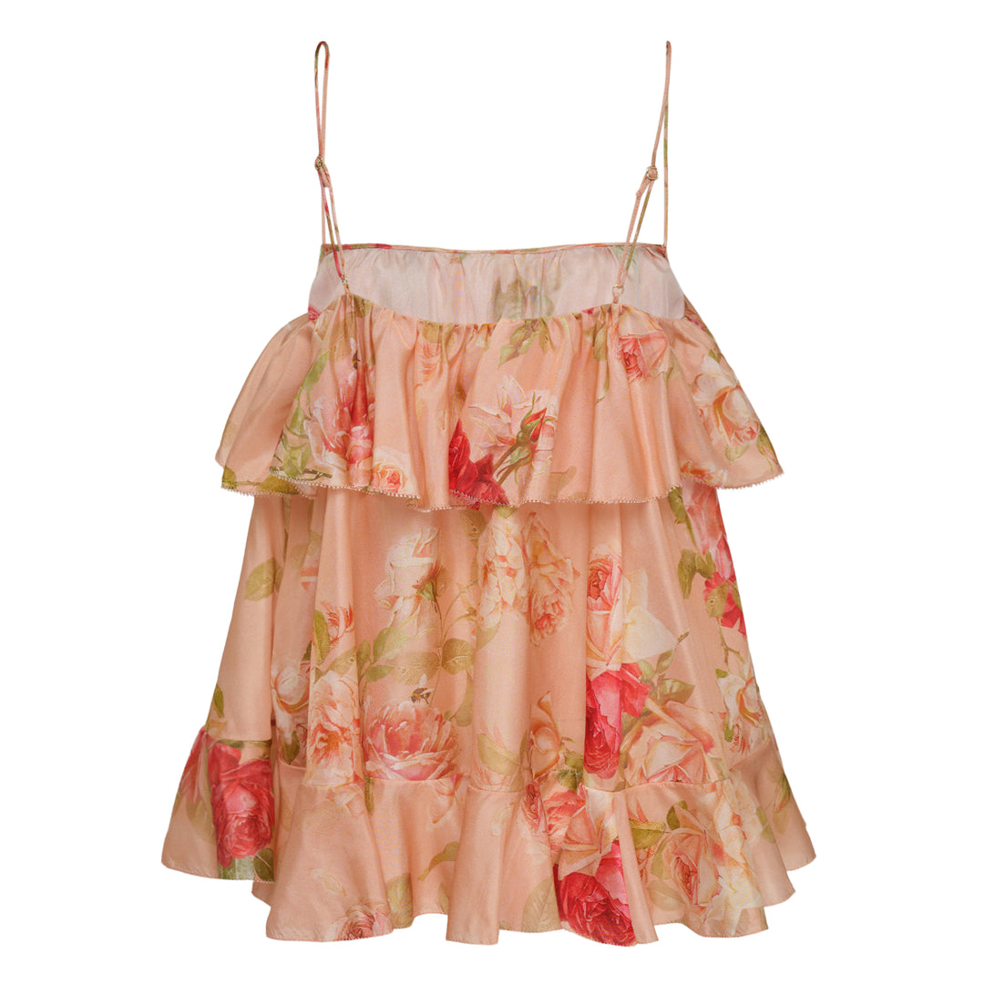 Zimmermann Roselight Frill Cami Top in peach rose floral print with tiered ruffle layers and adjustable spaghetti straps, front view on white background
