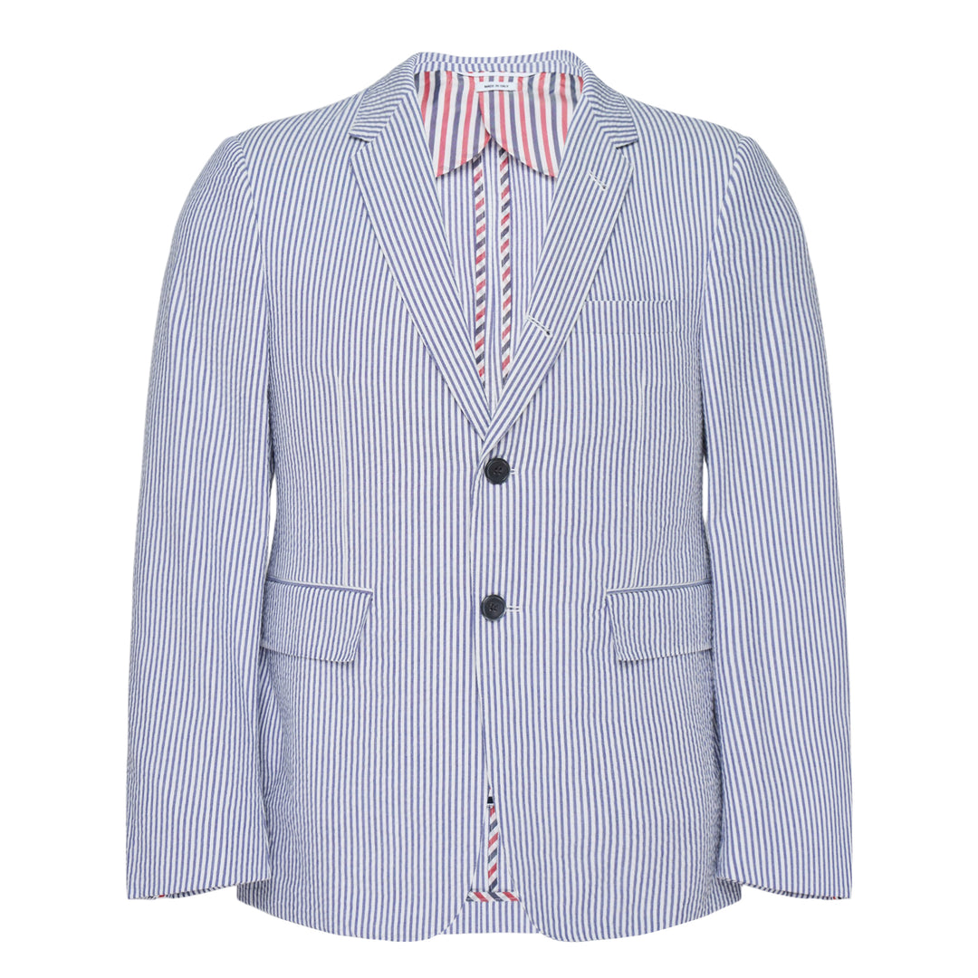 Thom Browne Classic Seersucker Sport Coat in blue and white stripe with three-button front and signature tricolor inner placket detail