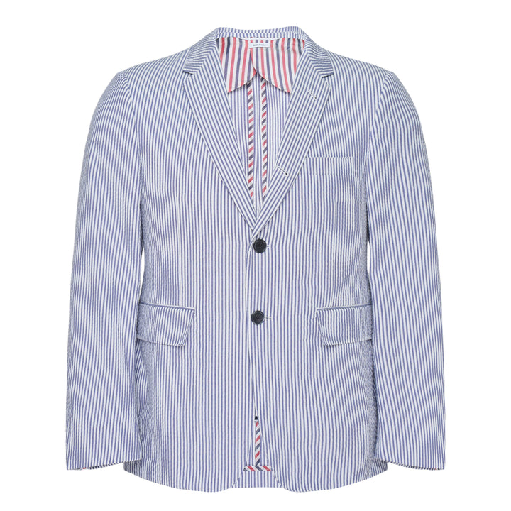 Thom Browne Classic Seersucker Sport Coat in blue and white stripe with three-button front and signature tricolor inner placket detail
