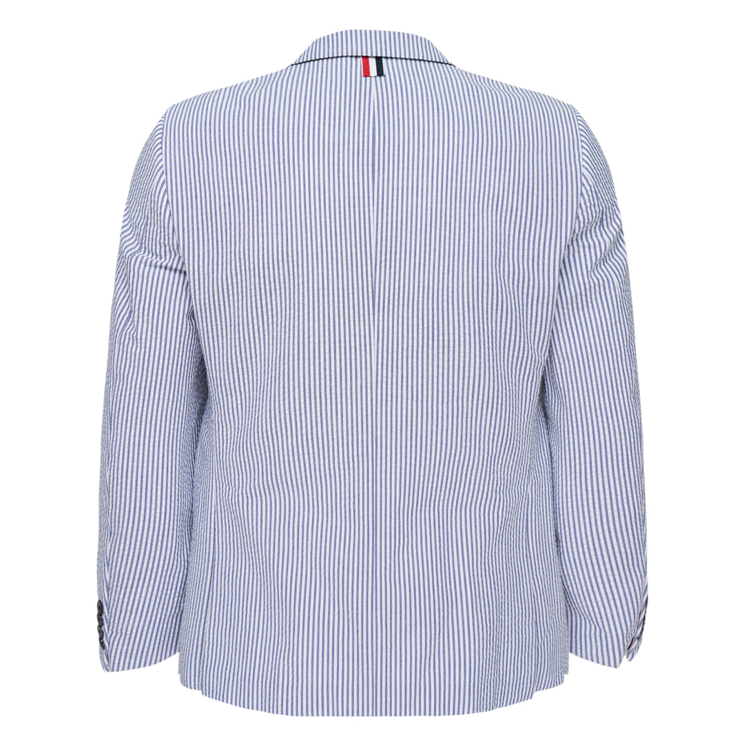 Thom Browne Classic Seersucker Sport Coat in blue and white stripe with three-button front and signature tricolor inner placket detail