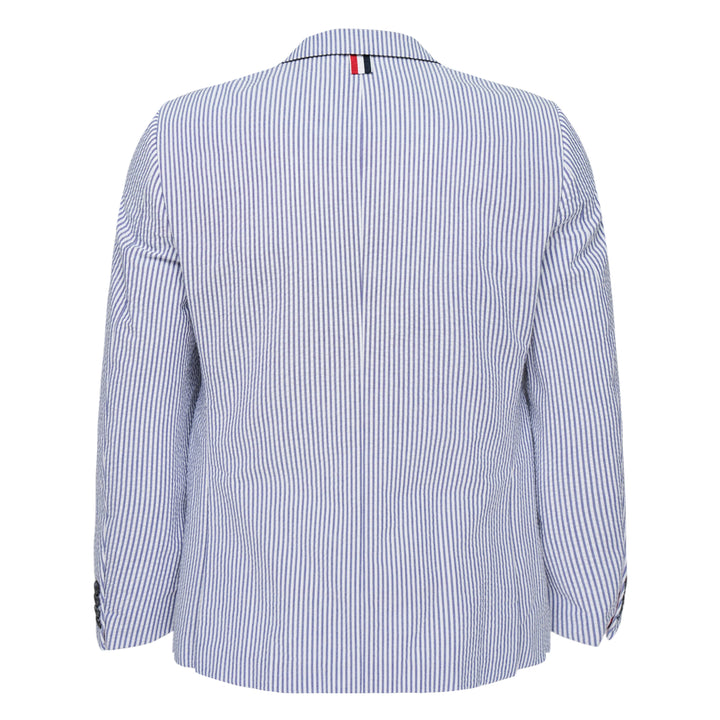 Thom Browne Classic Seersucker Sport Coat in blue and white stripe with three-button front and signature tricolor inner placket detail