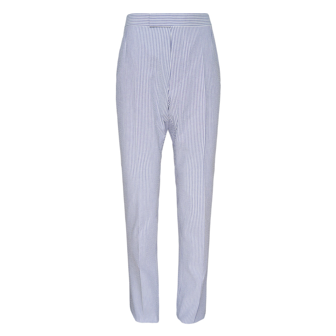 Thom Browne Fit 1 Back Strap Trouser in blue and white pinstripe seersucker, slim tapered cut with high-rise waistband