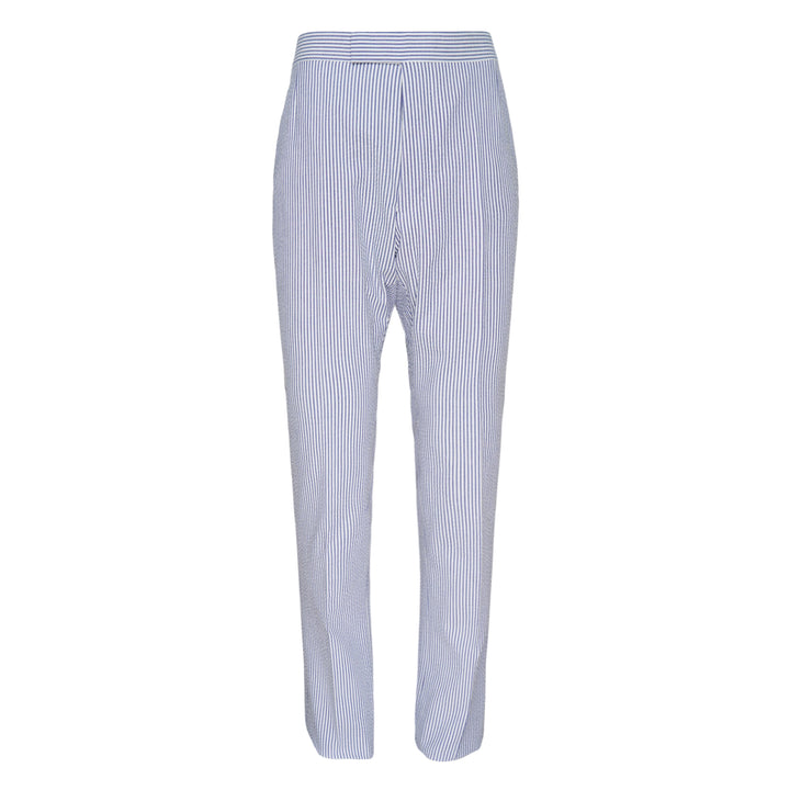 Thom Browne Fit 1 Back Strap Trouser in blue and white pinstripe seersucker, slim tapered cut with high-rise waistband