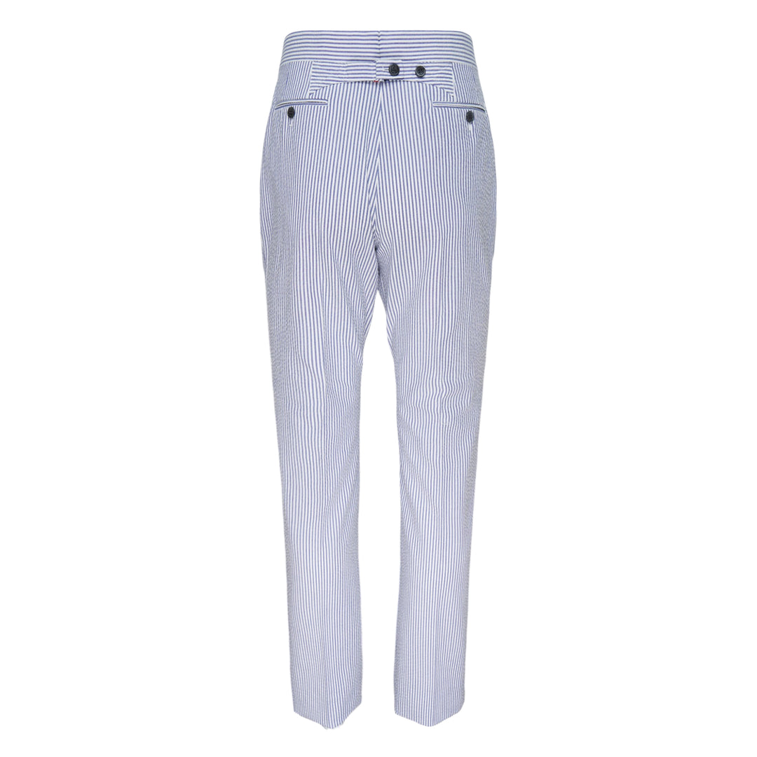 Thom Browne Fit 1 Back Strap Trouser in blue and white pinstripe seersucker, slim tapered cut with high-rise waistband