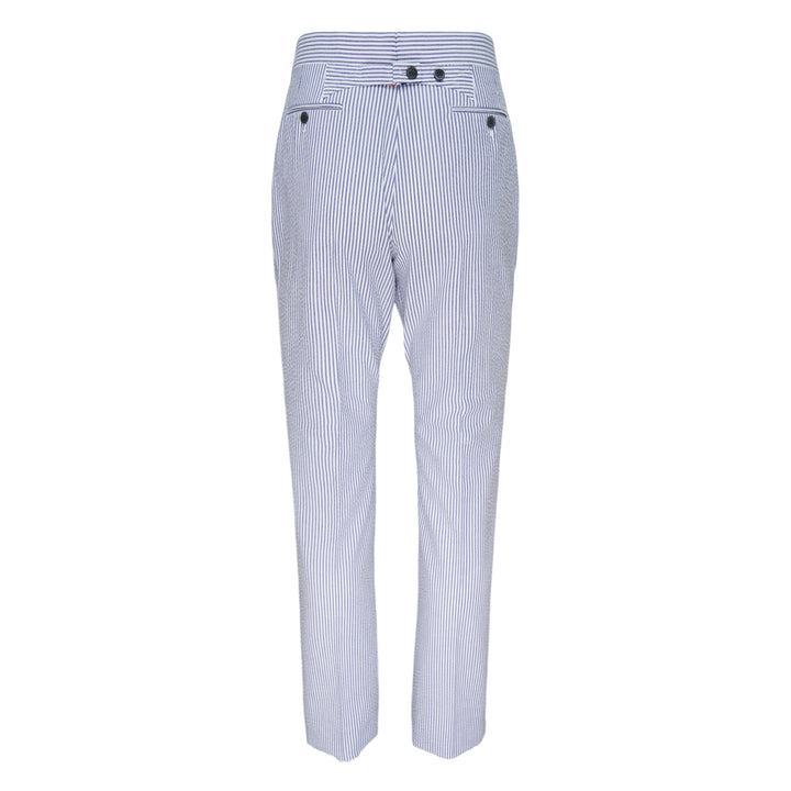 Thom Browne Fit 1 Back Strap Trouser in blue and white pinstripe seersucker, slim tapered cut with high-rise waistband