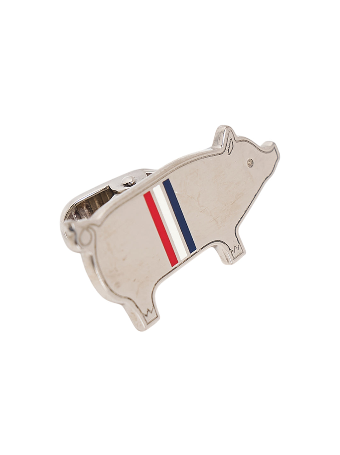 Thom Browne silver-tone pig-shaped tie bar with red, white, and blue enamel stripe and spring clip fastening