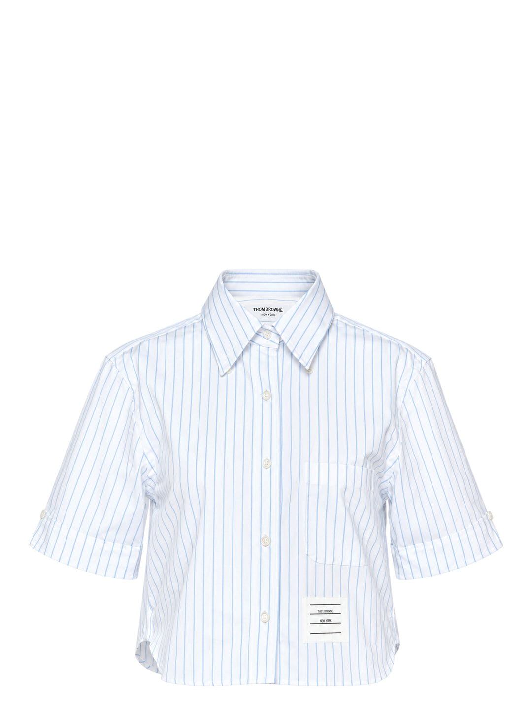 Thom Browne cropped short sleeve shirt in white with blue vertical pinstripes, button-down collar, chest pocket and woven logo label at the hem
