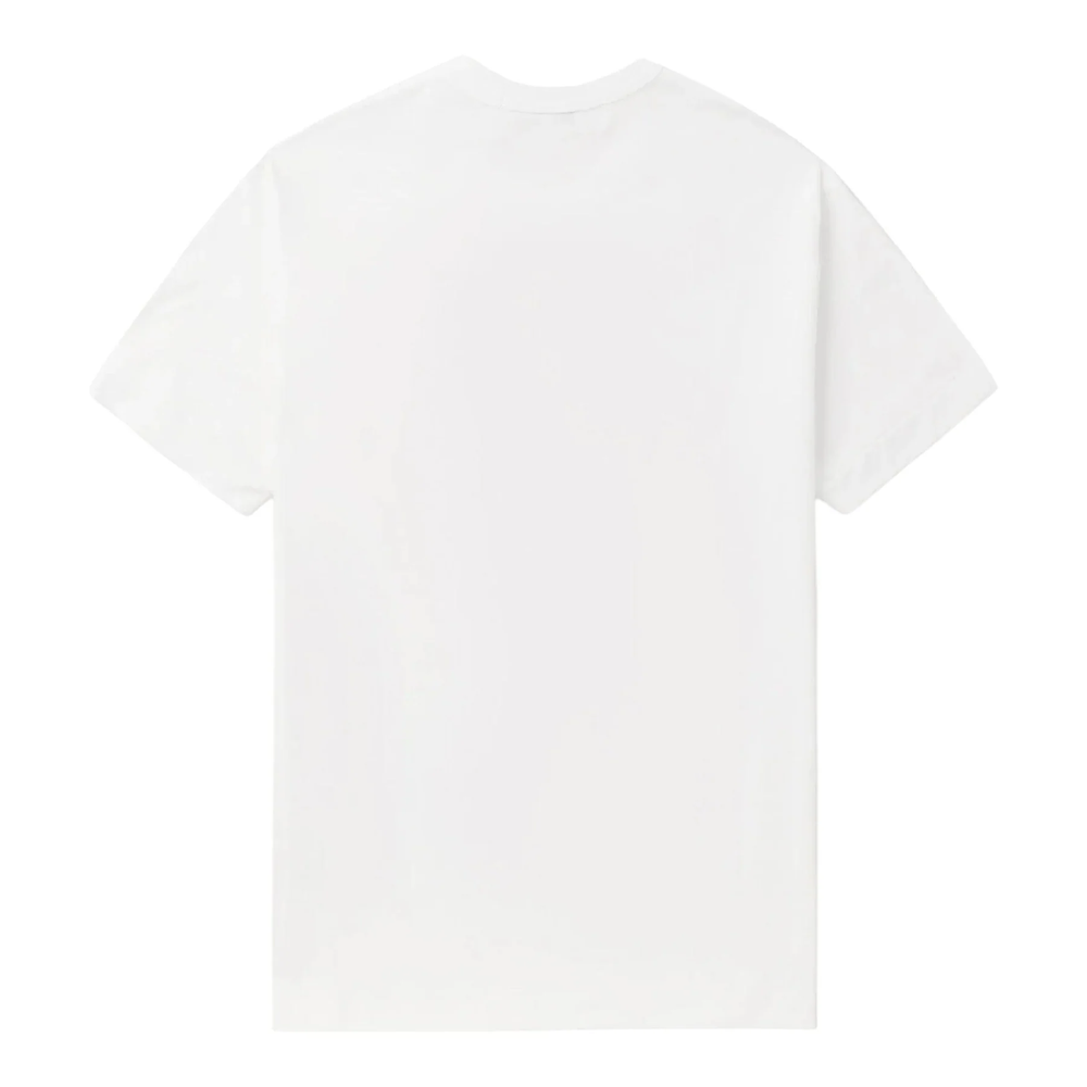 Comme des Garçons PLAY Big Red Heart Tee in white with oversized red heart eye graphic print and embroidered heart patch
