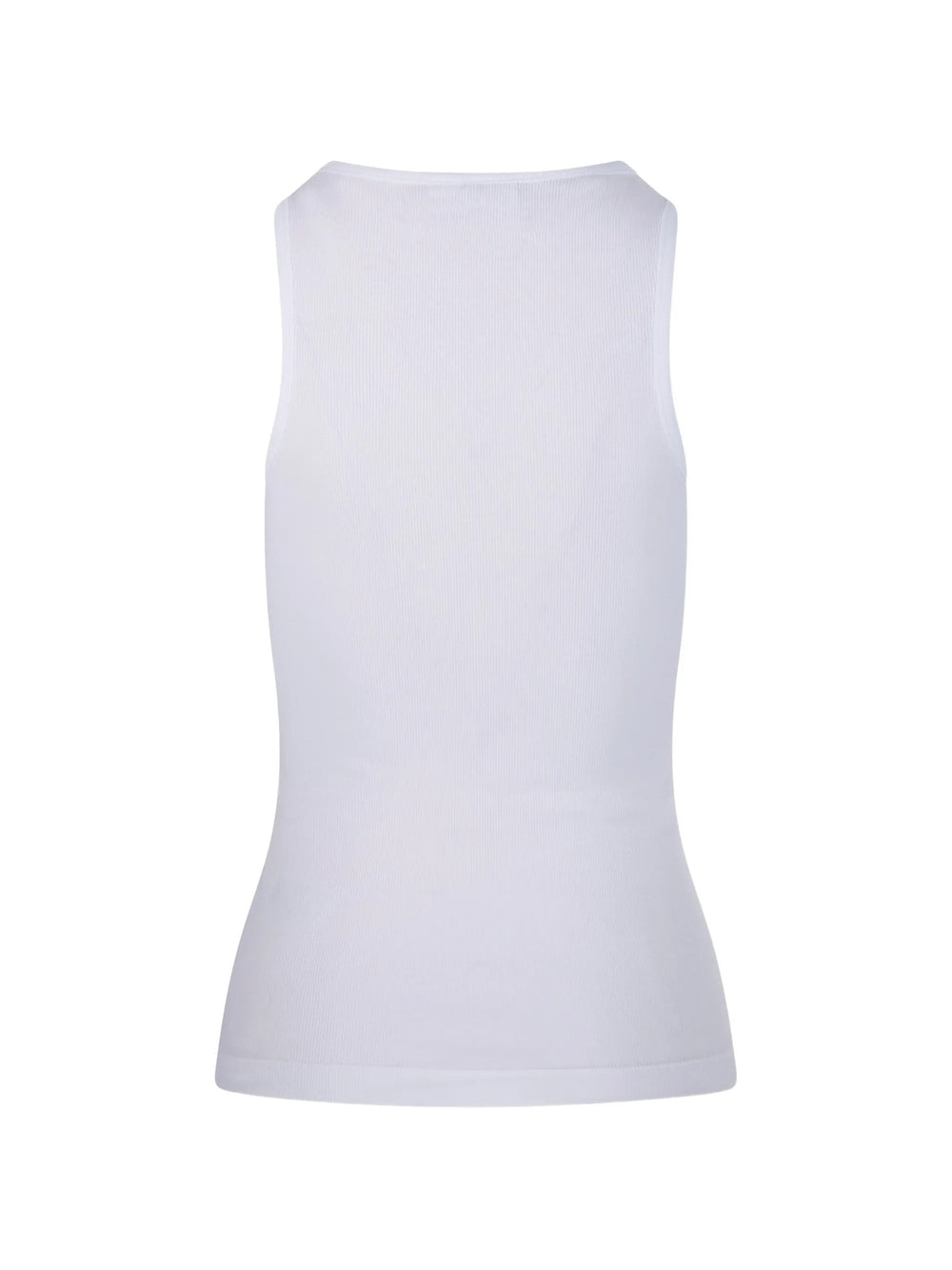 Ganni Soft Cotton Rib Tank Top in white, featuring a round neckline, racerback silhouette, and tonal logo emblem at the chest