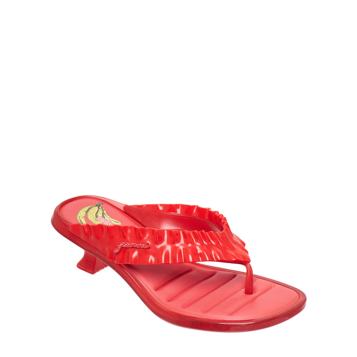 Ganni x Melissa red glossy jelly thong sandal with ruched strap and sculptural kitten heel, side profile view