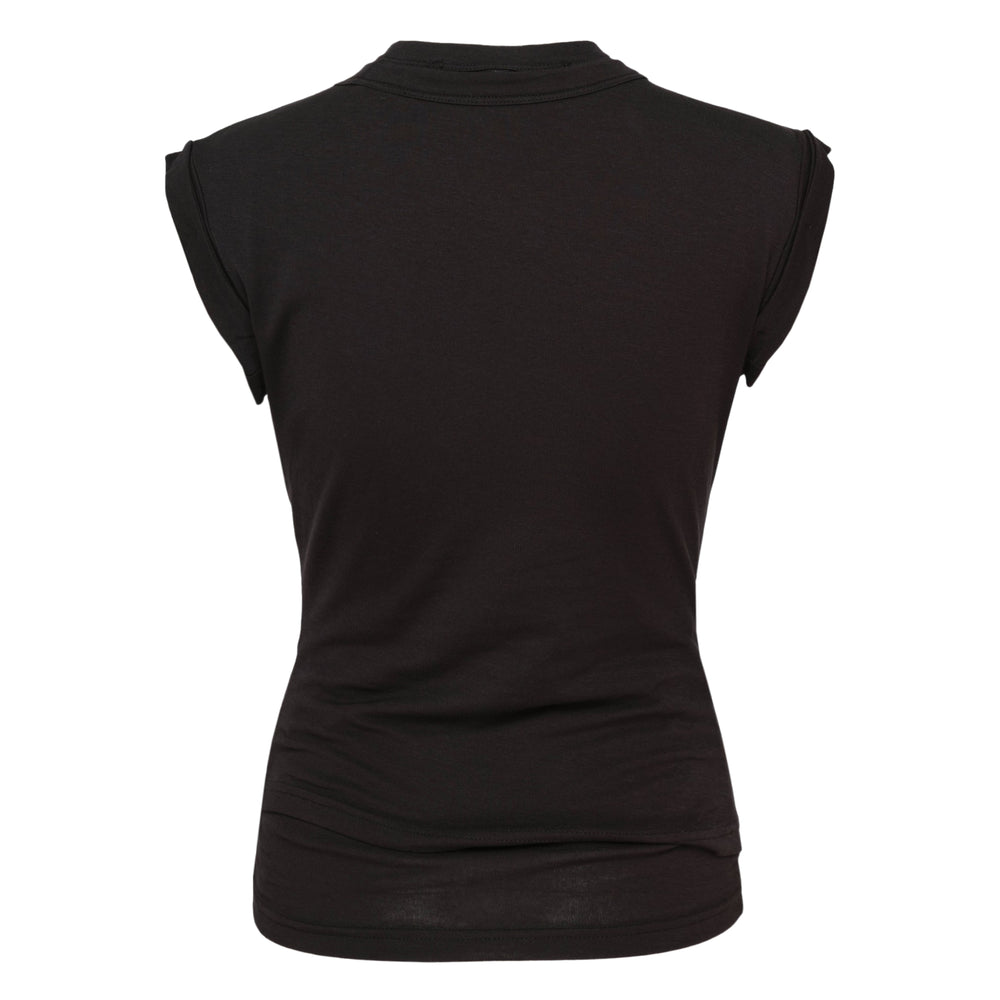 Alexander Wang Twisted Bust Layered Tank in black stretch jersey, featuring ruched bust draping, mock-neck collar, sleeveless silhouette, and layered hem detail — front view on white background