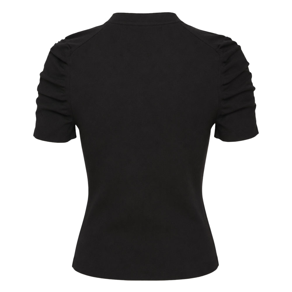 Alexander Wang Short Sleeve Ruched Crewneck Pullover in black, back view, featuring gathered ruched detailing along both short sleeves and a slim body-skimming silhouette