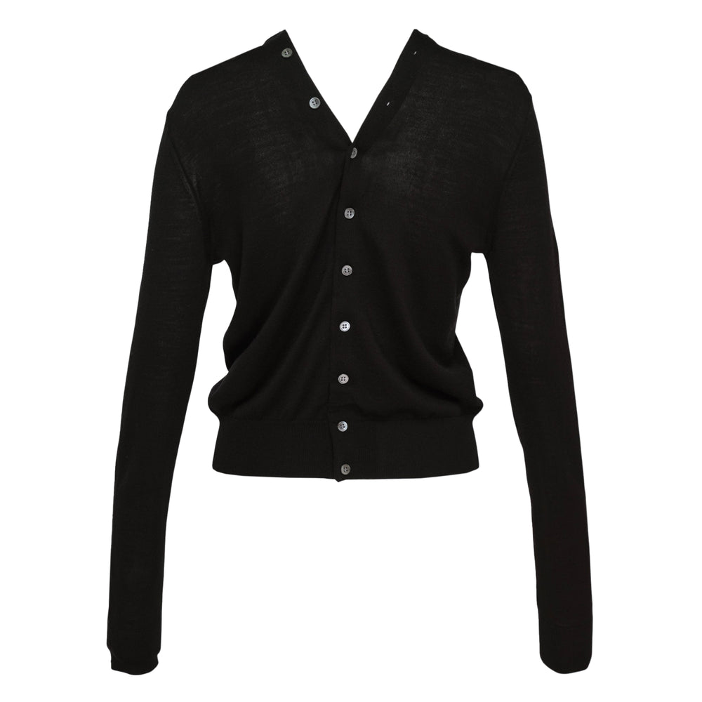 Alexander Wang black fine-knit long sleeve V-neck cardigan with continuous button placket and mother-of-pearl buttons, front view