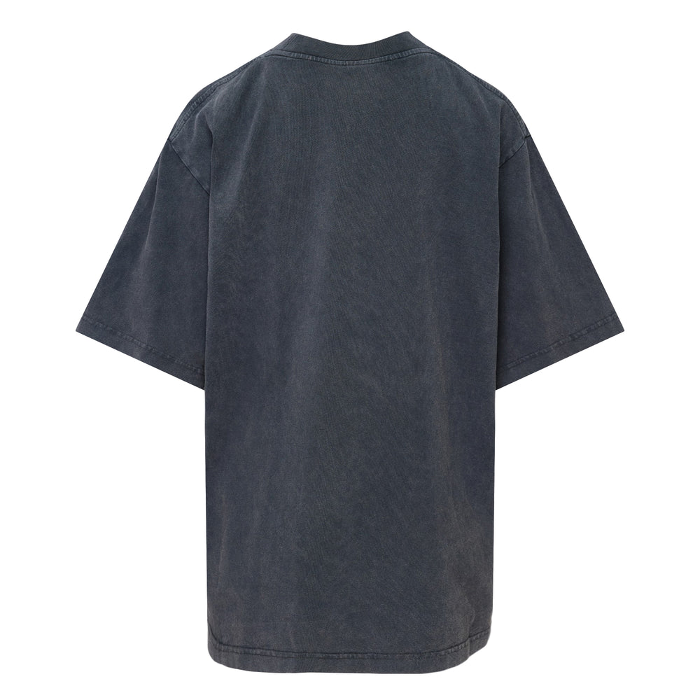 Alexander Wang washed charcoal short sleeve oversized tee with repeating gradient 'alexanderwang new york' logo graphic printed across the back, shown from the rear