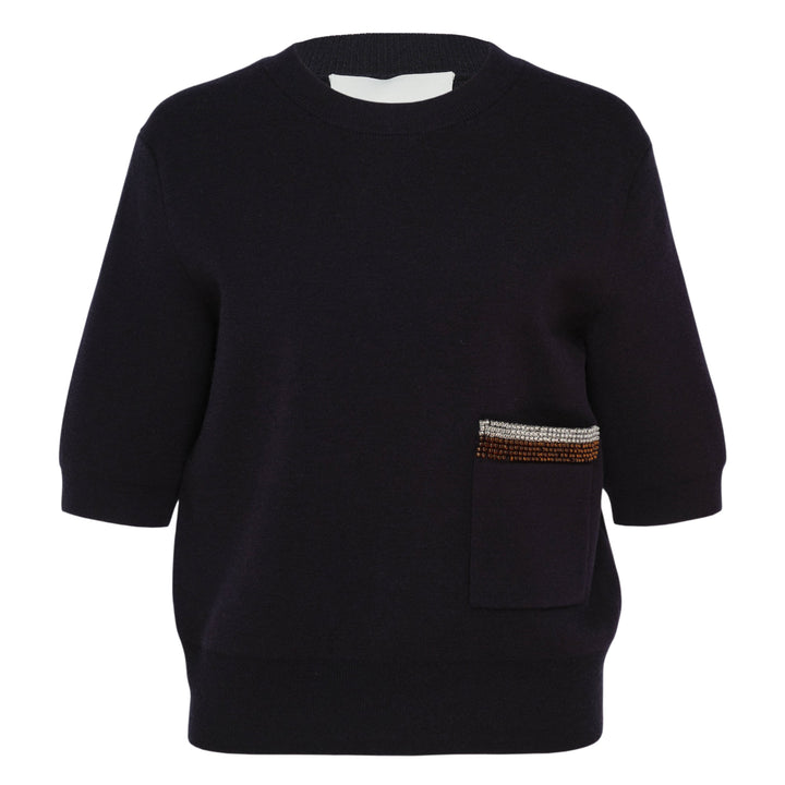 3/4 Sleeve Beaded Pocket Knit Top