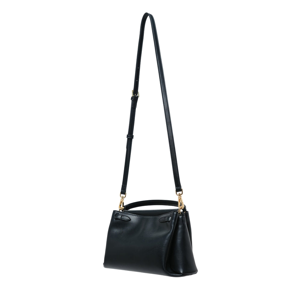 JW PEI Carmen Top Handle Bag in black with gold-tone turn-lock closure and adjustable crossbody strap, photographed on a white background