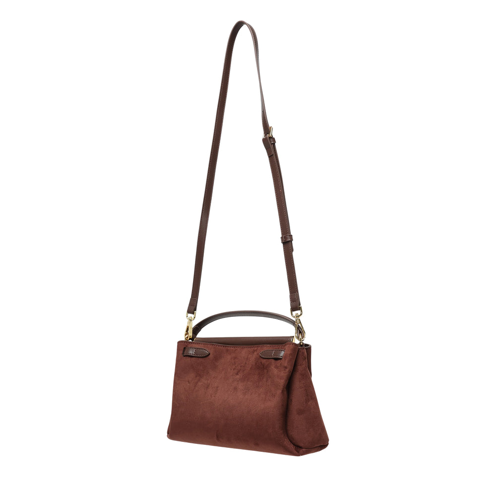 JW PEI Carmen Faux Suede Top Handle Bag in chocolate brown with gold turn-lock closure, structured top handle, and adjustable crossbody strap
