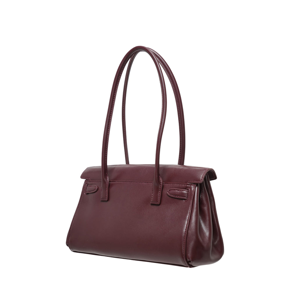 JW PEI Yara Shoulder Bag in deep burgundy smooth vegan leather with dual rolled handles and gold-tone twist-lock clasp closure