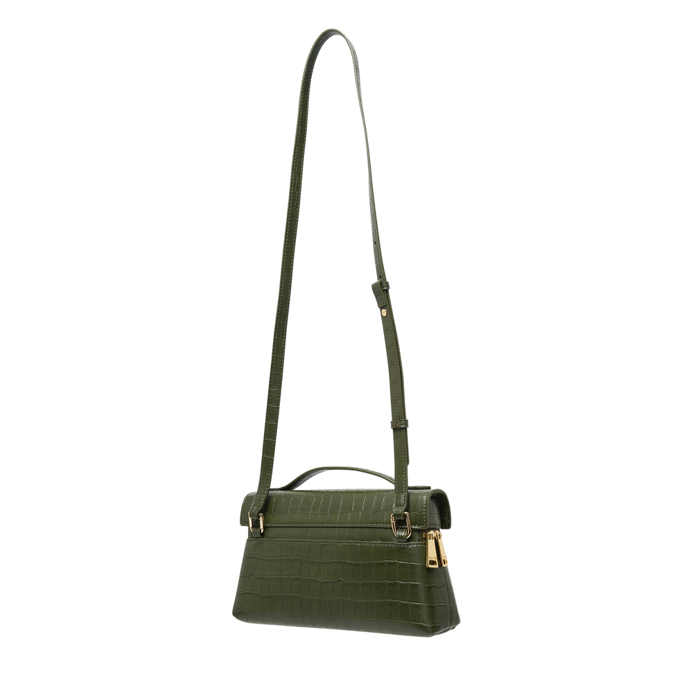 JW PEI Thea olive green croc-embossed vegan leather top handle bag with adjustable crossbody strap and gold-tone zip hardware, shown on white background