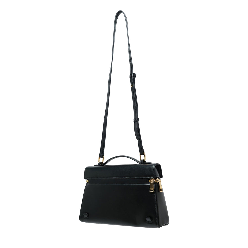 JW PEI Thea Large Top Handle Bag in black with gold-tone zip closure, rounded carry handle, and adjustable crossbody strap, photographed against a white background