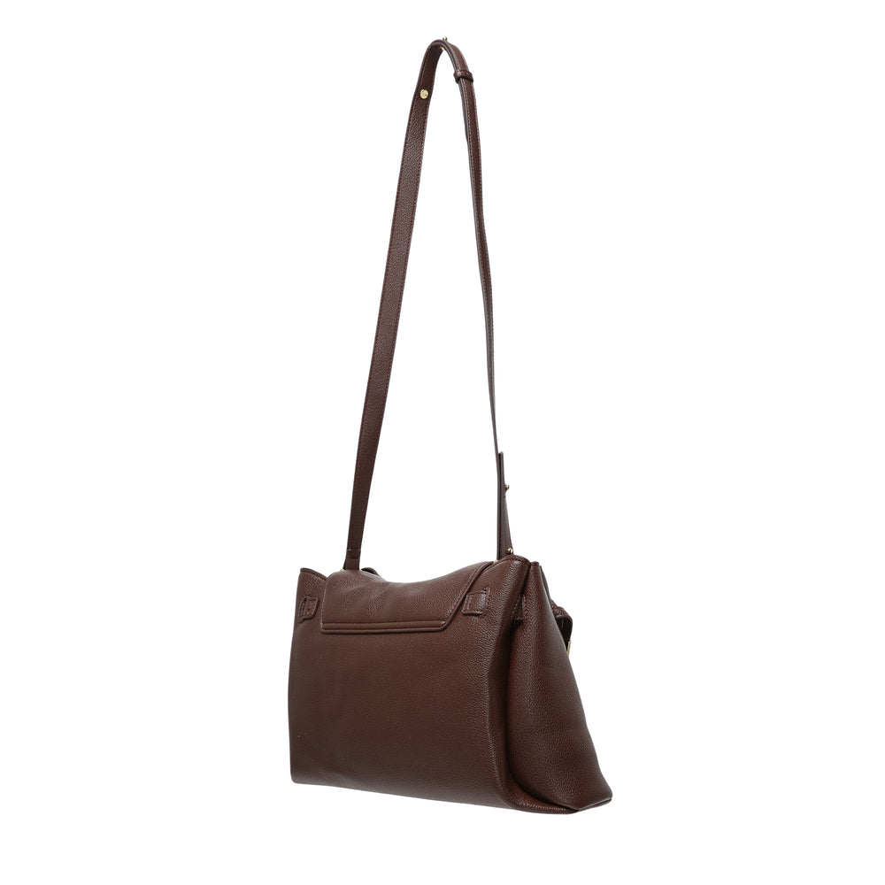 JW PEI Rhea Pebbled Double Buckle Shoulder Bag in dark brown vegan leather with gold-tone turn-lock closure and adjustable long strap, front view on white background