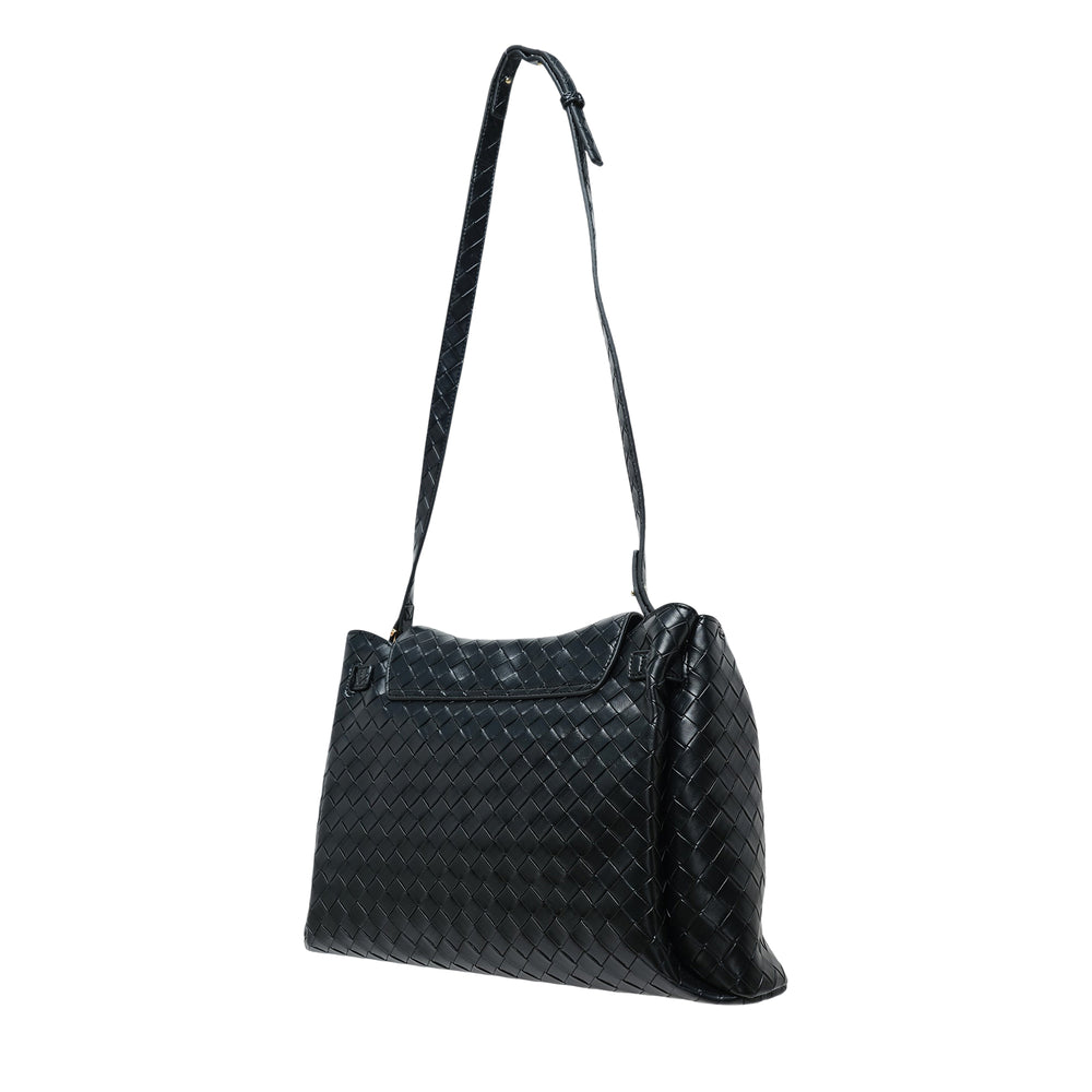 JW PEI Rhea Large Woven Shoulder Bag in black with intrecciato-style woven vegan leather, gold-tone turn-lock closure, front zip pocket, and braided adjustable shoulder strap
