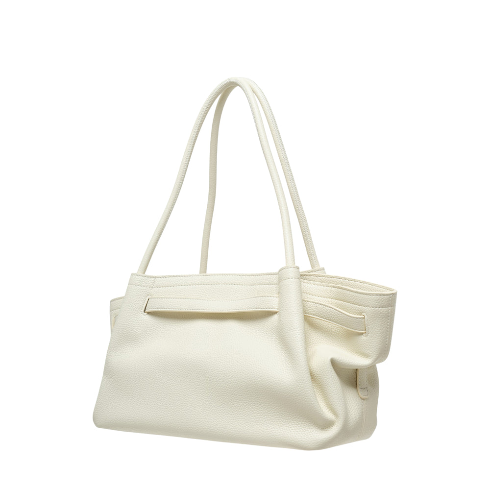 JW PEI Hana Wide Tote Bag in cream white pebbled faux leather with twin rolled shoulder straps and a gold-tone turn-lock belt closure at the centre front
