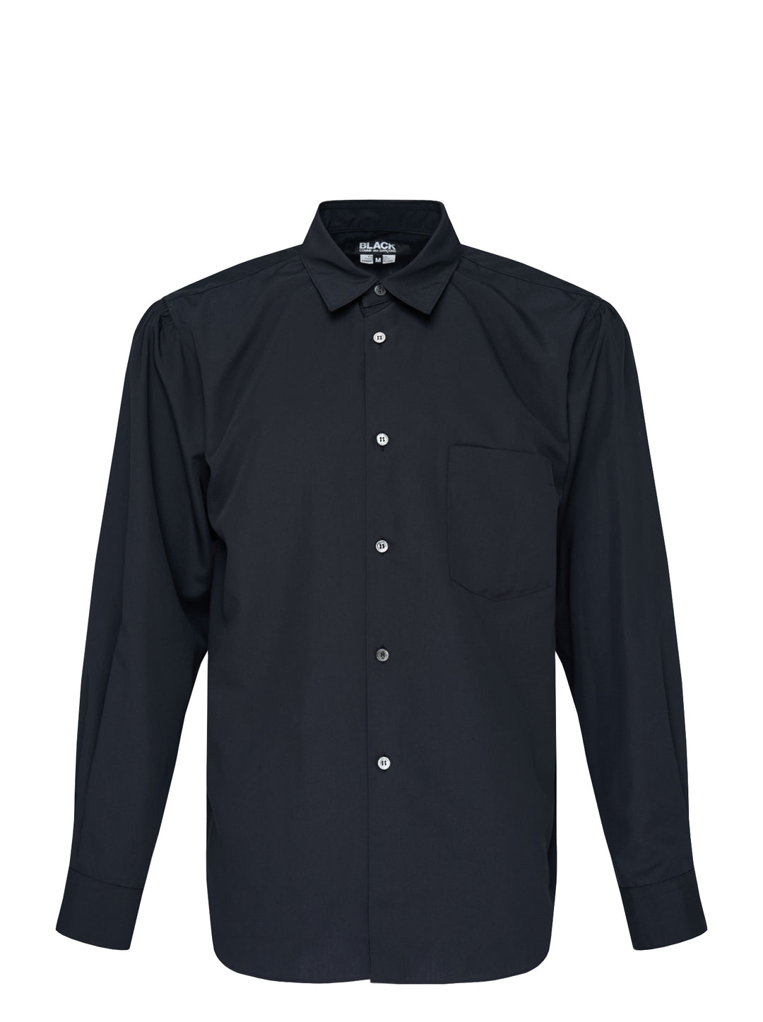 Comme des Garçons Black long sleeve polyester broad shirt in navy, featuring a point collar, tonal buttons, and a chest patch pocket
