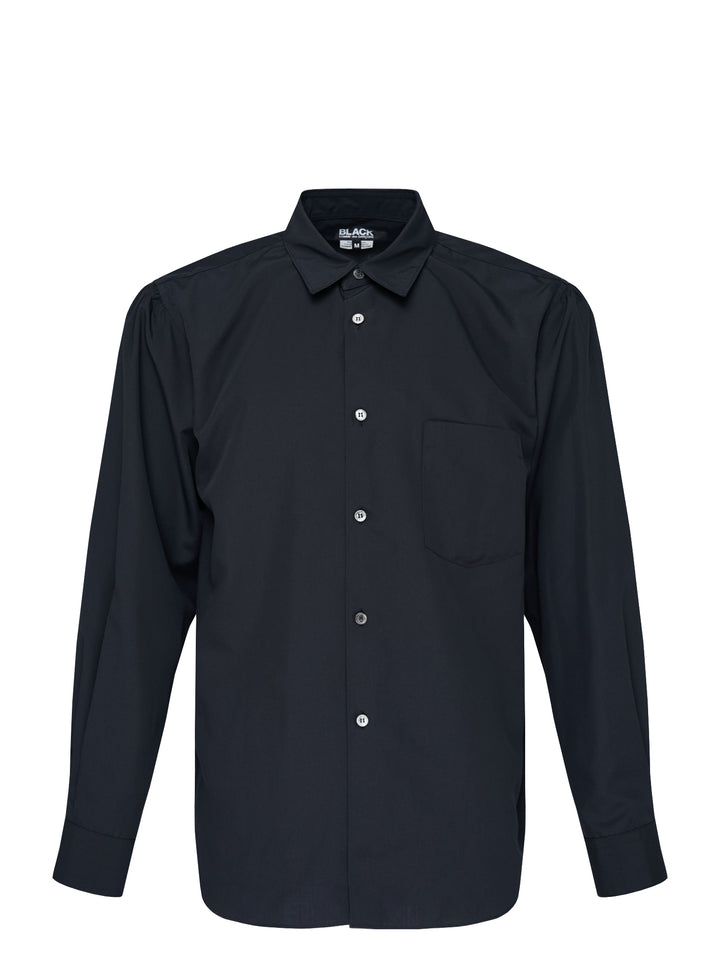 Comme des Garçons Black long sleeve polyester broad shirt in navy, featuring a point collar, tonal buttons, and a chest patch pocket