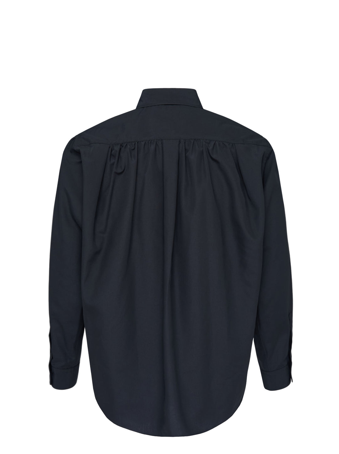 Comme des Garçons Black long sleeve polyester broad shirt in navy, featuring a point collar, tonal buttons, and a chest patch pocket - view 2