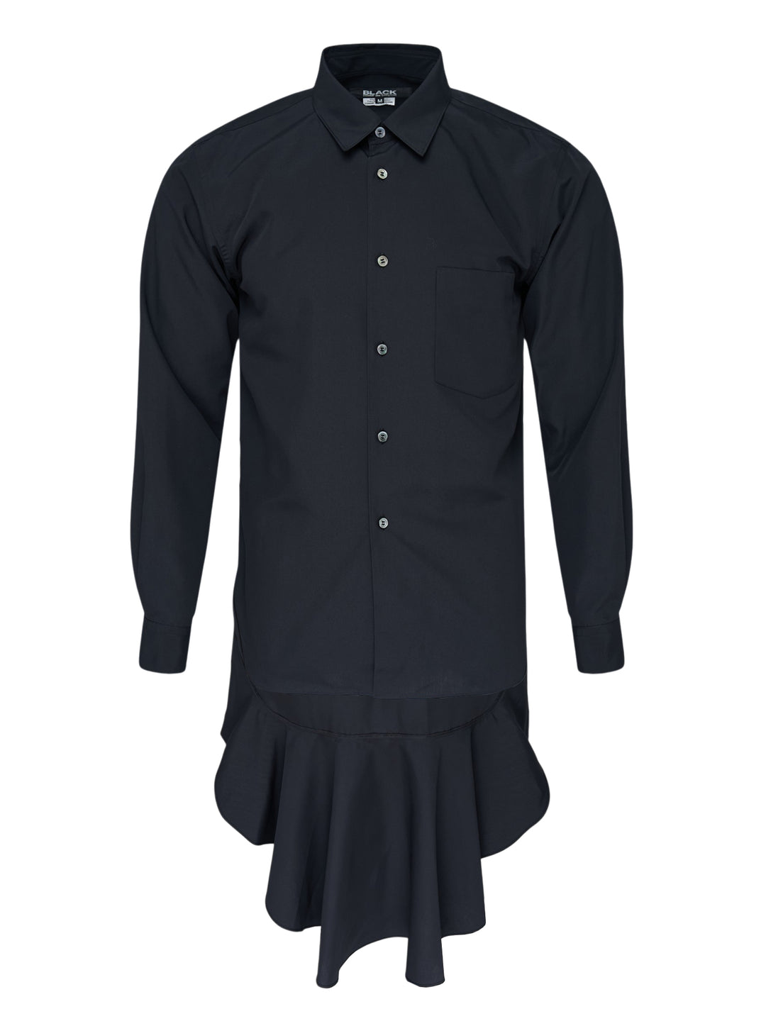 Comme des Garçons Black long sleeve navy polyester broadcloth shirt with dramatic gathered frill flounce at the hem and button-front fastening