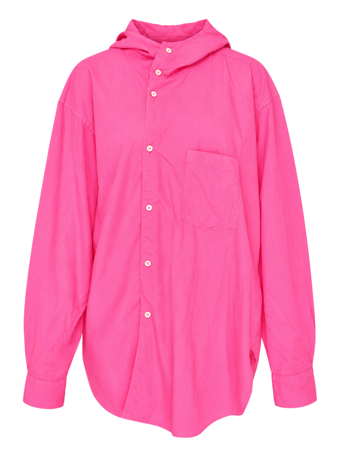 Comme des Garçons Black oversized hooded poplin shirt in bright fuchsia pink with asymmetric button placket and chest patch pocket