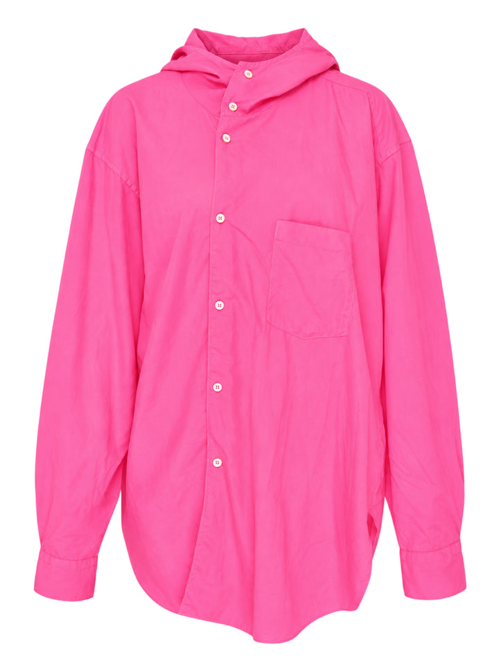 Comme des Garçons Black oversized hooded poplin shirt in bright fuchsia pink with asymmetric button placket and chest patch pocket