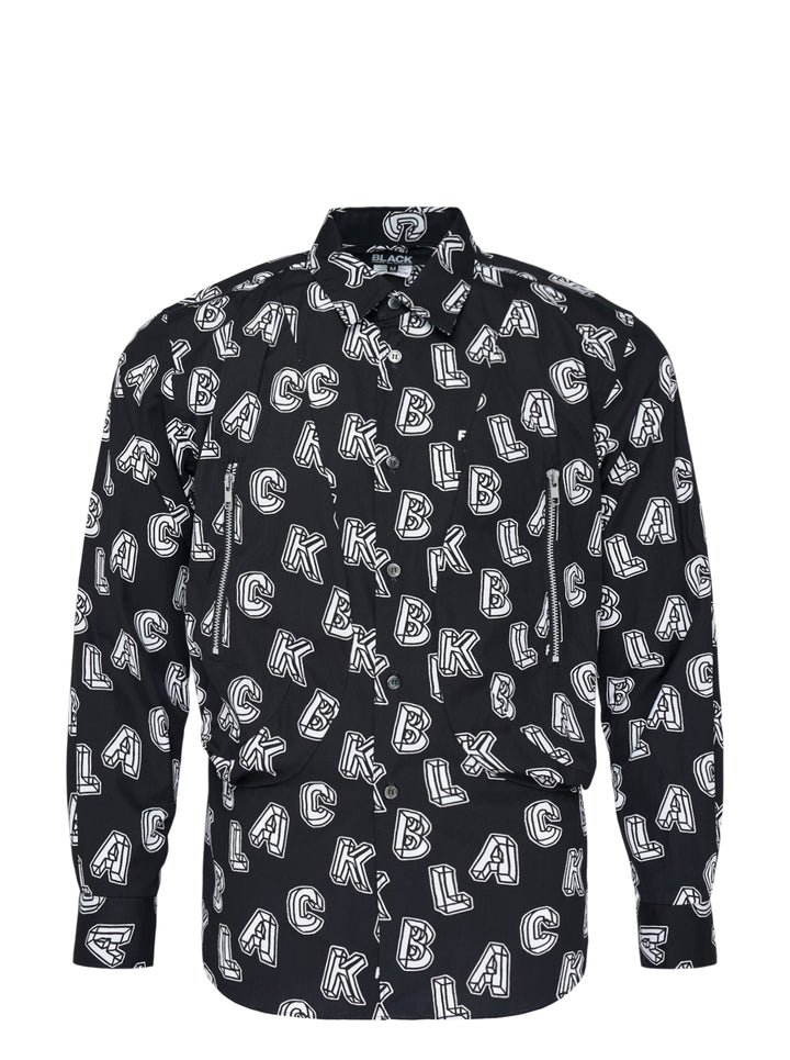 Comme des Garçons BLACK Filip Pagowski long sleeve black cotton shirt with all-over 3D white typographic letterform print and zip detailing on the front panels