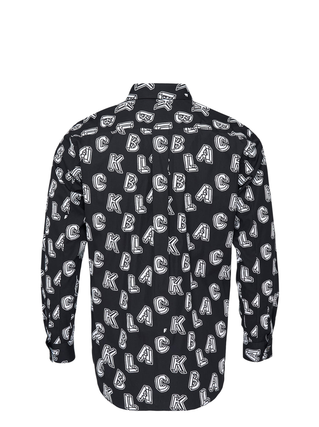 Comme des Garçons BLACK Filip Pagowski long sleeve black cotton shirt with all-over 3D white typographic letterform print and zip detailing on the front panels - view 2