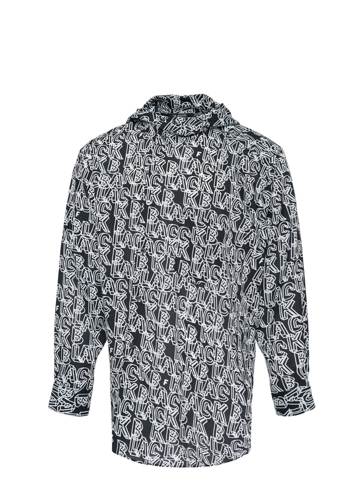 Comme des Garçons Black long sleeve hooded shirt with Filip Pagowski all-over 'BLACK' text print in white outline lettering on a dark ground, back view
