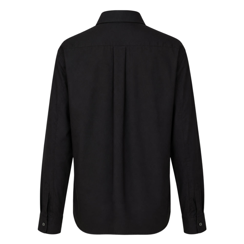 Comme des Garçons BLACK cotton broad long sleeve shirt in black with rounded Peter Pan collar, button-front placket, and chest patch pocket, displayed flat on white background - view 2