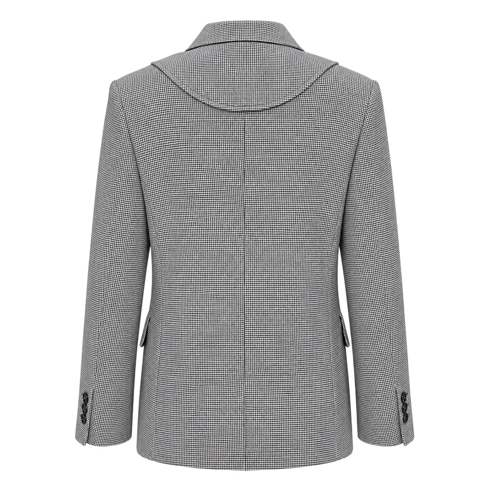 Comme des Garçons BLACK micro houndstooth blazer with curved exposed topstitching, three black buttons, and notched lapel, photographed flat on white background - view 2