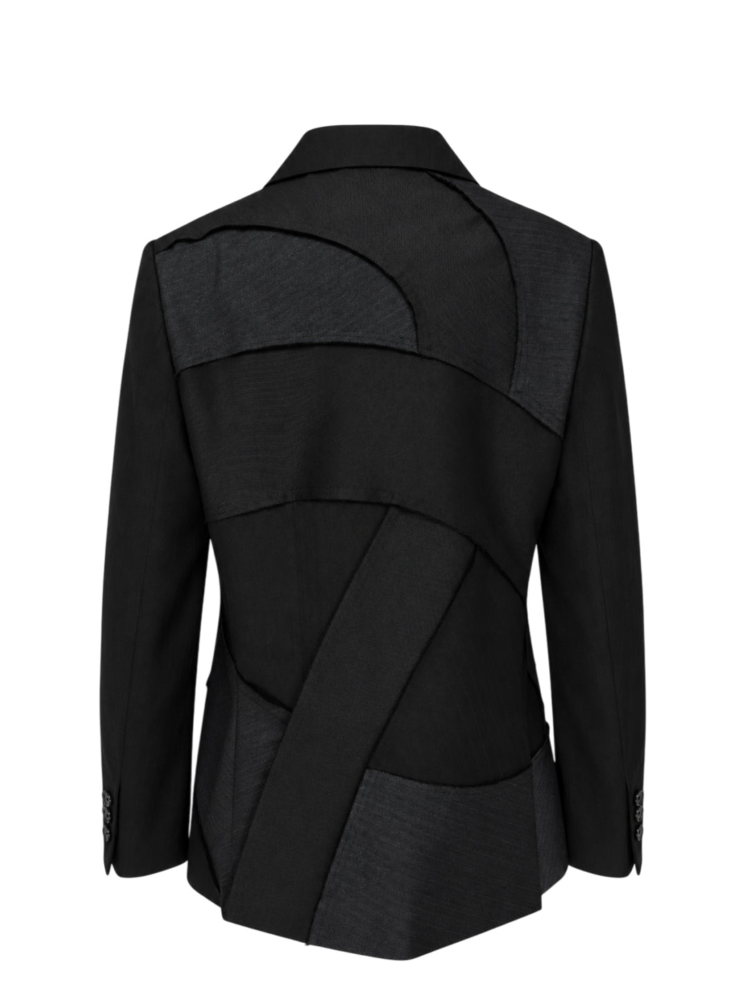 Black single-breasted herringbone tailored jacket with curved patchwork panel inserts, notch lapel and flap pockets by Comme des Garçons Black - view 2