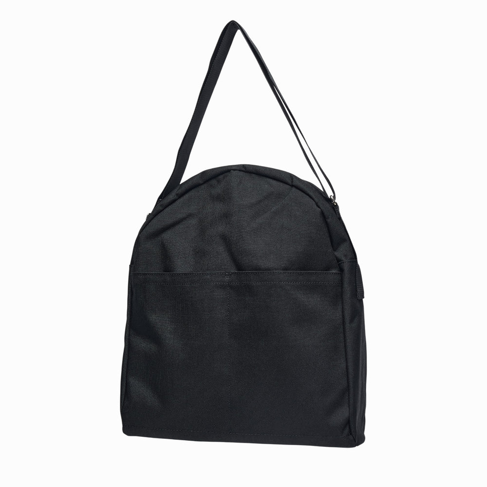 Black Comme des Garçons nylon oxford crossbody bag in black with rounded silhouette, zip top closure, front slip pocket, and long adjustable shoulder strap - view 2