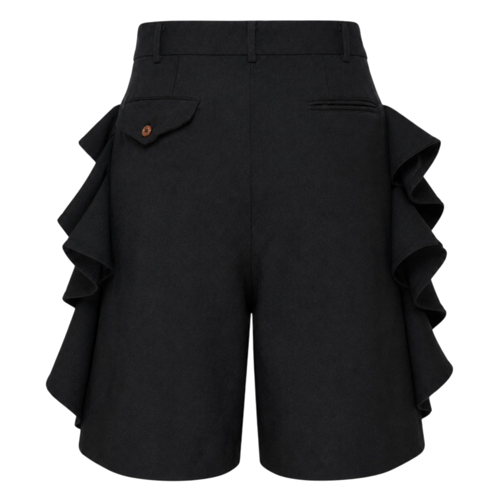 Comme des Garçons Black black polyester gabardine shorts with cascading tiered ruffle panels on both sides, high-rise waistband, and contrast brown button fastening, photographed flat on a white background - view 2
