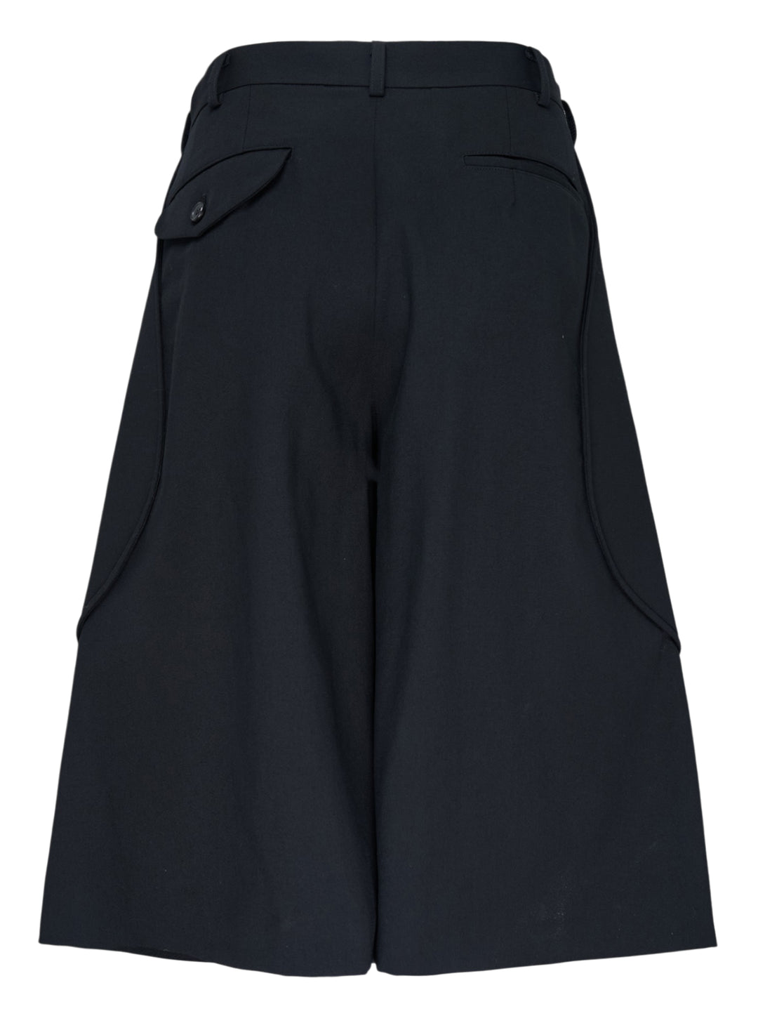 Comme des Garçons Black wool gabardine wide-leg shorts in black, featuring sculptural curved oversized patch pockets on the front panels and a high-rise tailored waistband with single button closure - view 2