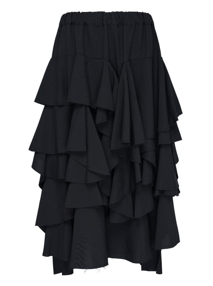 Comme des Garçons Black black polyester tiered ruffle midi skirt with cascading raw-edged layers and elasticated waistband, shown on white background