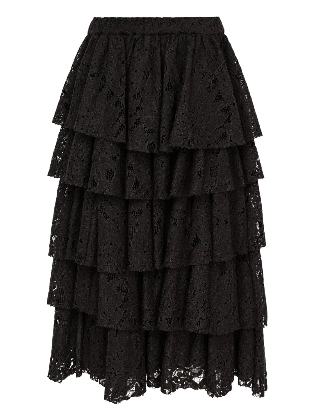 Black tiered floral lace midi skirt with an elasticated waist and scalloped hem by Comme des Garçons Black
