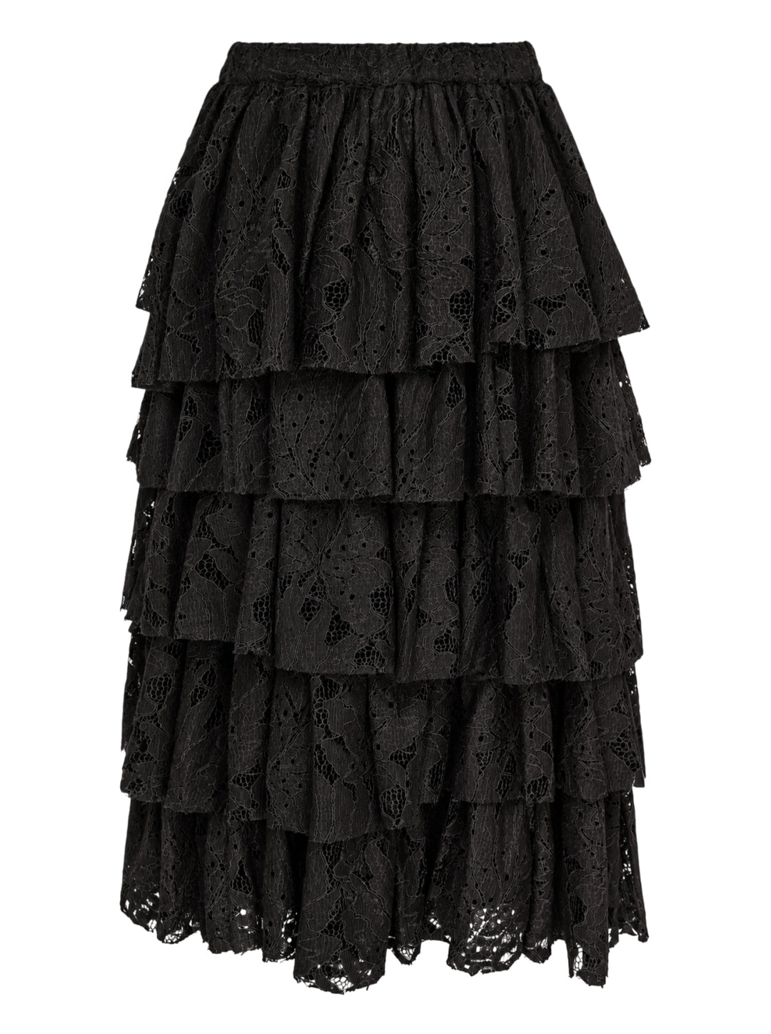 Black tiered floral lace midi skirt with an elasticated waist and scalloped hem by Comme des Garçons Black - view 2