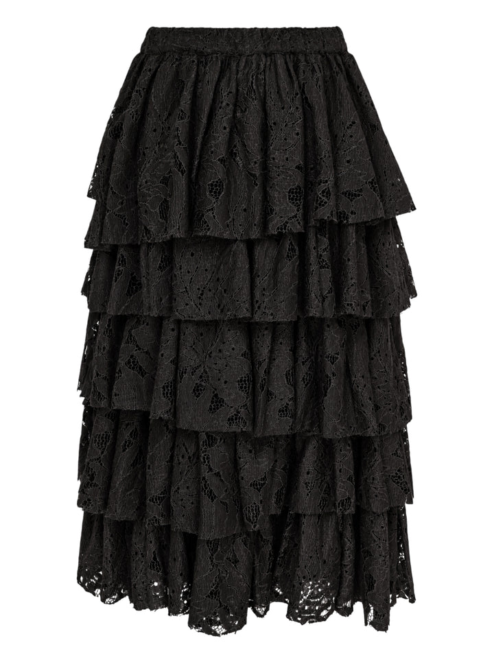 Black tiered floral lace midi skirt with an elasticated waist and scalloped hem by Comme des Garçons Black - view 2