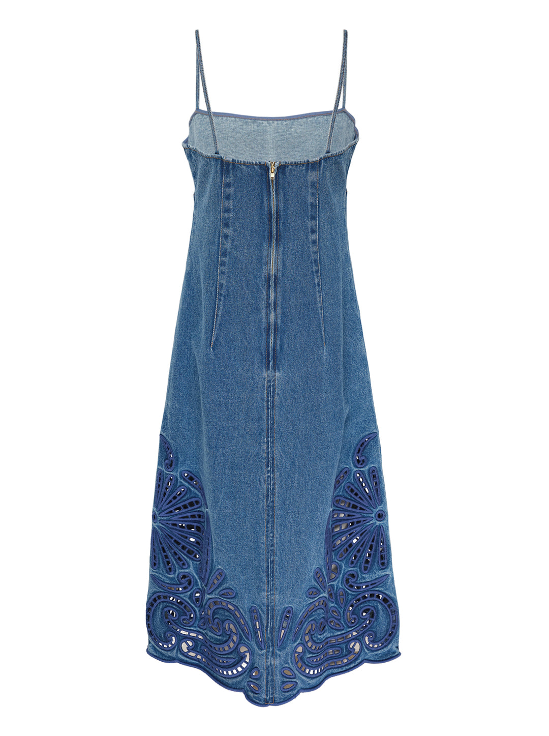 Ulla Johnson Jane Eyelet Denim Dress in washed blue denim with spaghetti straps, empire waist and indigo cutwork embroidery along the scalloped hem - view 2