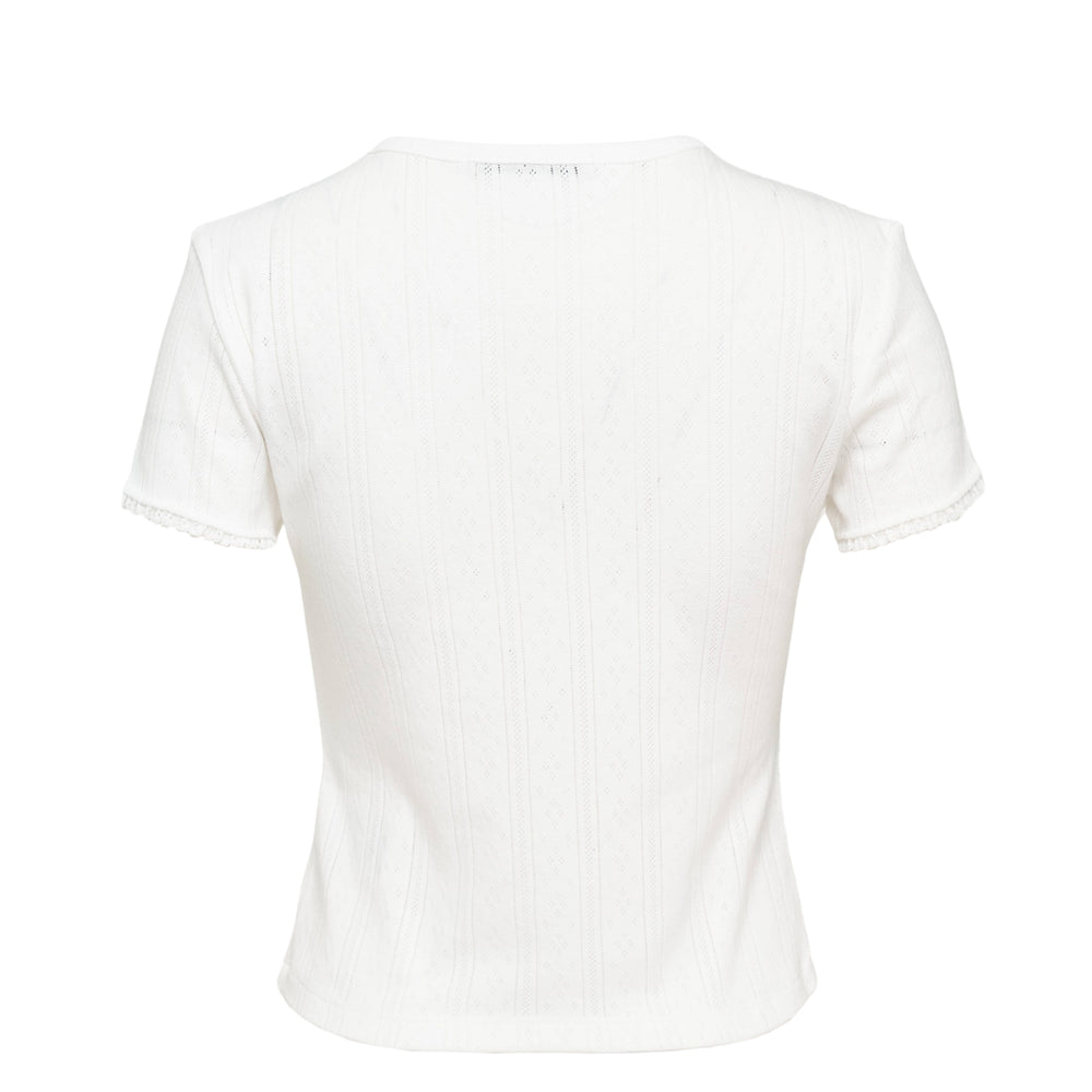 Mardi Mercredi white pointelle eyelet slim fit tee with a coral oversized daisy graphic print and 'Mardi' lettering on the chest, featuring scalloped sleeve trim